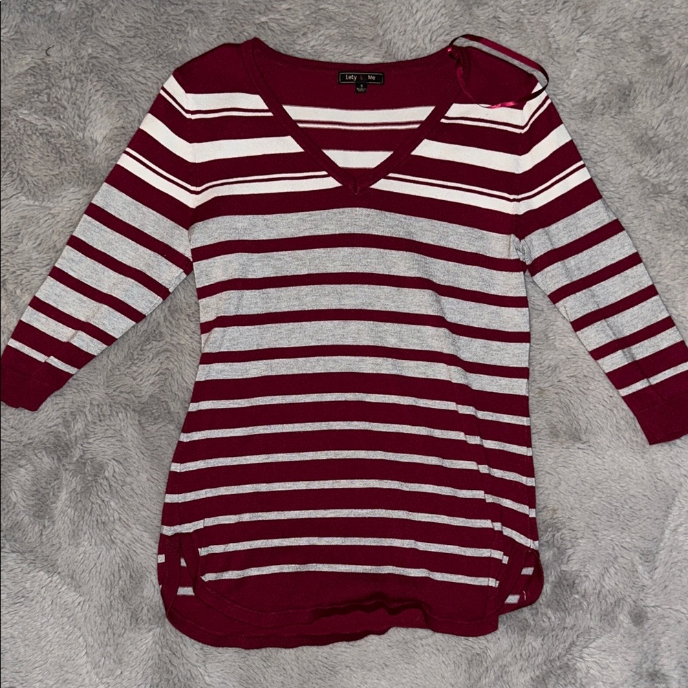 Striped V-Neck Sweater - Burgundy and White